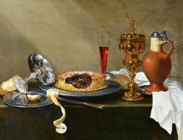 A still life with a silver tazza, a pie, a peeled lemon, a flute glass, a goblet and an earthenware jug on a draped table Oil Painting by Isaac Wigans