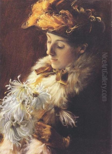 Woman with a Feathered Hat Oil Painting by Charles Courtney Curran