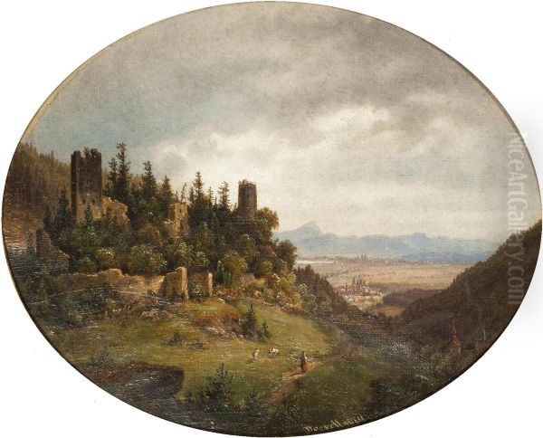 Ruins of Osek Castle with a View of Osek Monastery Oil Painting by Ernst Gustav Doerell