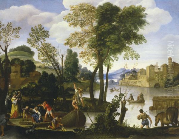 River landscape with Boatmen and Fisherman, an elegant couple walking by the shore Oil Painting by Domenichino