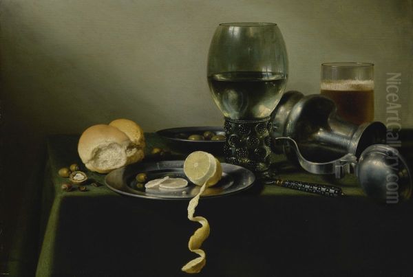 Still life with roemer, an overturned pewter jug, olives, and half-peeled lemon on pewter plates Oil Painting by Pieter Claesz