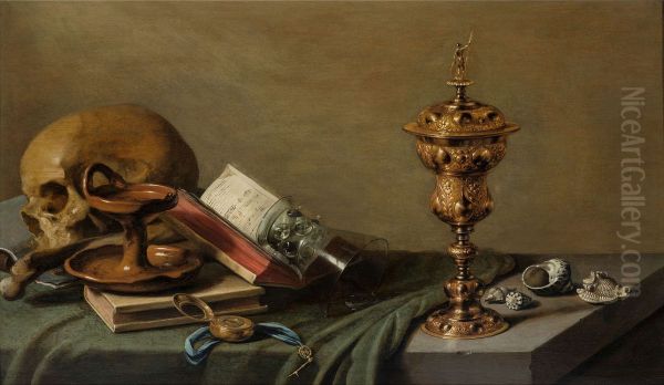 Vanitas with an oil lamp, a pocket watch, an open song book, an overturned roemer, a gilded covered cup and sea shells, all arranged on a table draped with a green cloth Oil Painting by Pieter Claesz