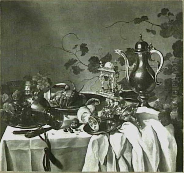 Still life with pewter pitcher, salt cellar and other tableware Oil Painting by Pieter Claesz