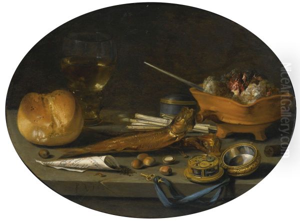 Still life with a roemer, a roll, smoked herring, a watch, smoker's requisites, hazelnuts and a brazier Oil Painting by Pieter Claesz