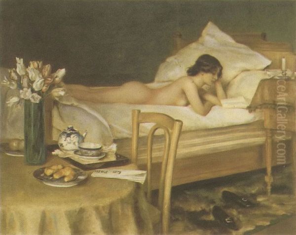 Nude reading Oil Painting by Franz Eybl