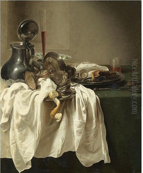 Still life with a pewter jug and an overturned tazza, a porcelain bowl, wine glass, a partly-peeled lemon on a pewter dish Oil Painting by Jan Jansz Den Uyl