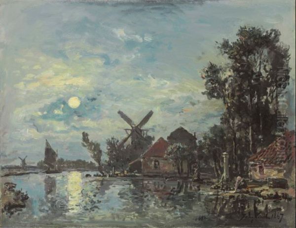 Effet de lune sur l'estuaire, Hollande Oil Painting by Johan Jongkind