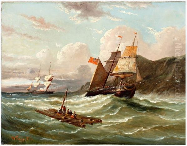 Raft and sailing ship near the coast Oil Painting by Egide Linnig