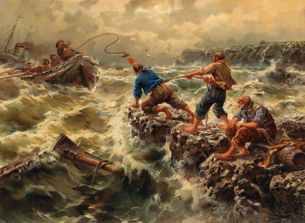 Saving the Shipwrecked Sailors Oil Painting by Egide Linnig