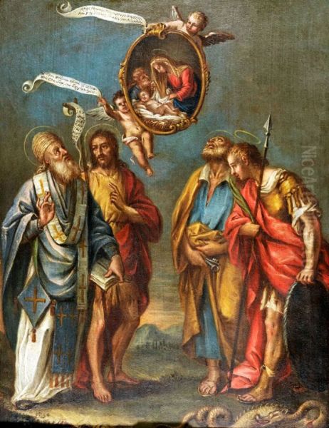 Saint Spyridon, Saint John the Baptist, Saint Peter and Saint George Oil Painting by Nikolaos Koutouzis