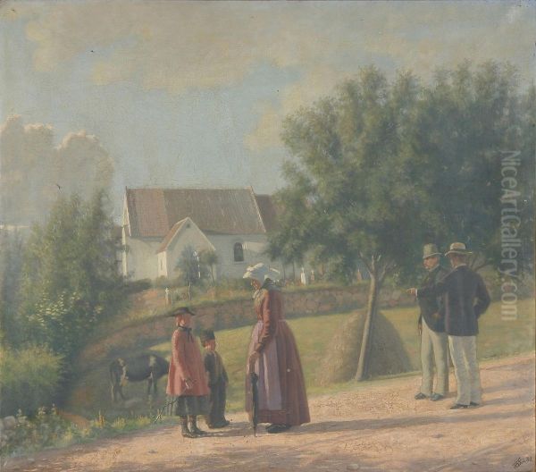 Figures at the church of Udby. Oil Painting by Jens Jensen Egeberg