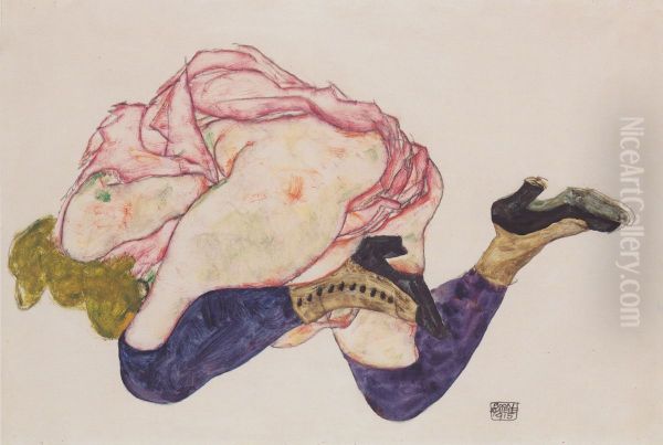 Kniende mit hinunter gebeugtem Kopf Oil Painting by Egon Schiele