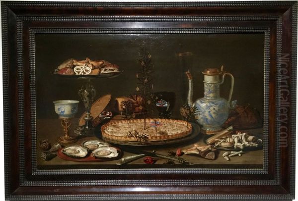 Stilleven met taart, zilveren tazza met snoepgoed, porselein, schelpen en oesters Oil Painting by Clara Peeters