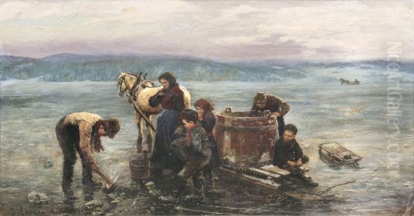 Ice fishing Oil Painting by Jahn Ekenaes