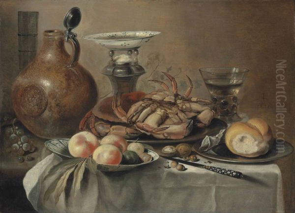 Still life with a crab, a bellarmine, salt cellar, and fruit on a porcelain plate Oil Painting by Pieter Claesz