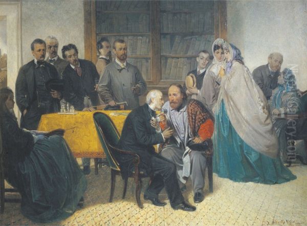 Giuseppe Garibaldi visiting Alessandro Manzoni on 15 March 1862 Oil Painting by Sebastiano De Albertis