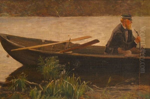 The forester Vilh. Fabricius in a rowboat. Oil Painting by Godfred Christensen