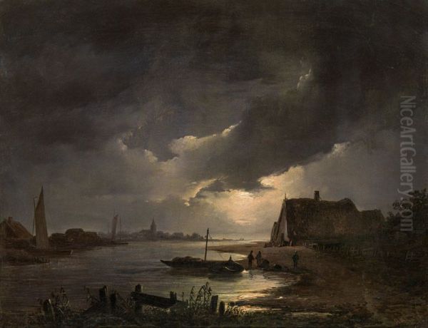 River landscape by moonlight Oil Painting by Remigius Adrianus Haanen