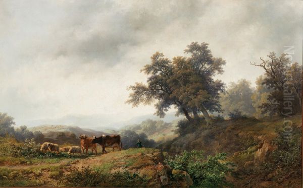 Open Landscape with Cows and Herdsman Oil Painting by Remigius Adrianus Haanen