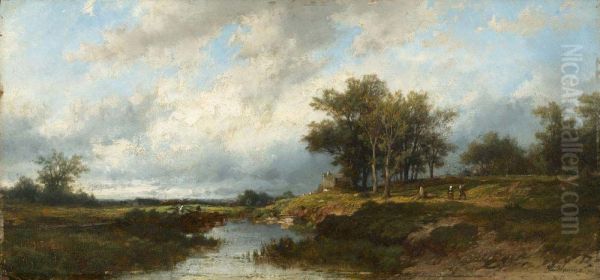 River landscape with figures Oil Painting by Remigius Adrianus Haanen