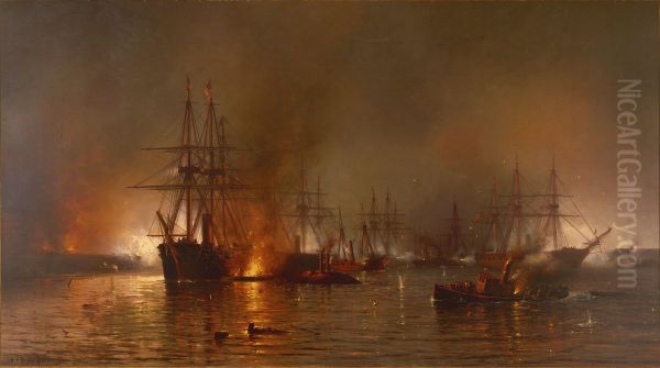 Farragut's Fleet passing the Forts below New Orleans Oil Painting by Mauritz de Haas