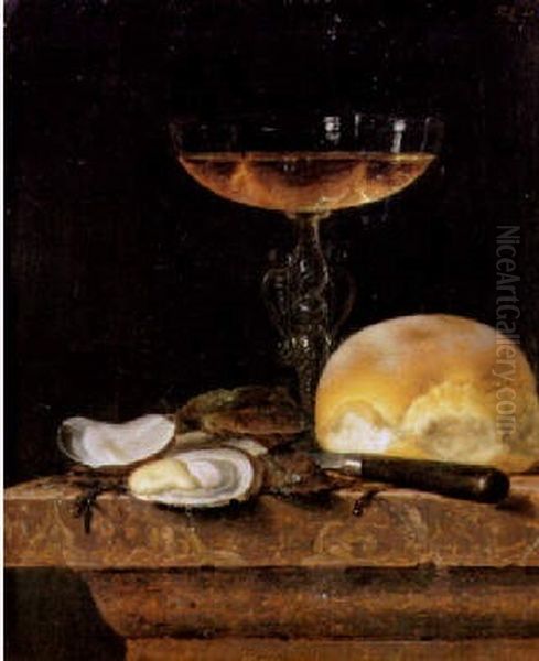 Still life with Venetian glass, oysters and bread Oil Painting by Simon Luttichuys