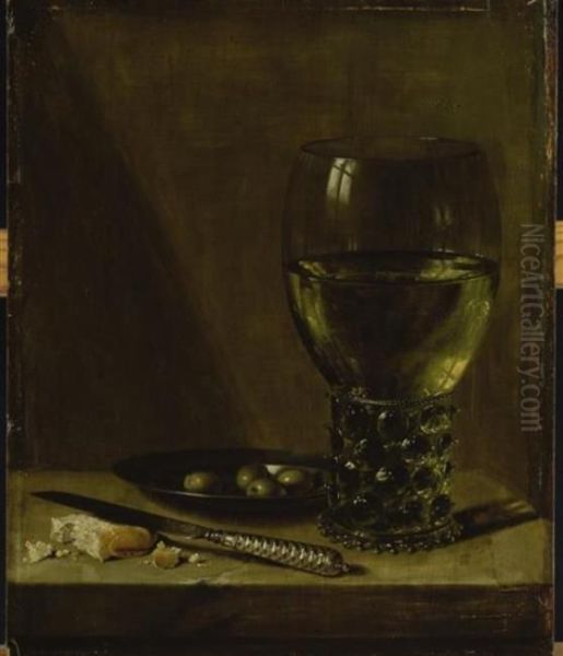 Still life with rummer, tin plate with olives, a knife and bread, on a table without cloth Oil Painting by Pieter Claesz