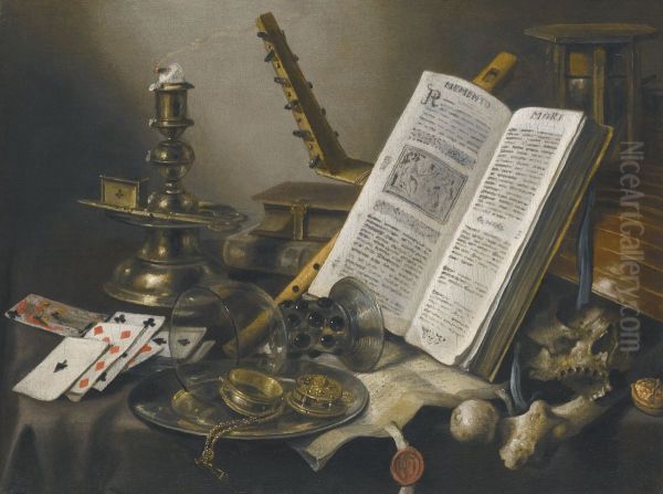 Vanitas still life with a book, a glass roemer, a skull, a lute, a pack of cards and piece of parchment on a table Oil Painting by Pieter Claesz