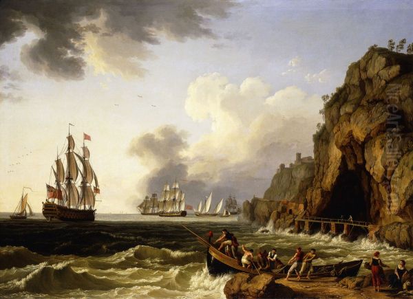 A View of the Coast near Naples with a British Royal Navy Three-Decker flying the Flag of a Vice Admiral of the Red Oil Painting by Jacob Philipp Hackert