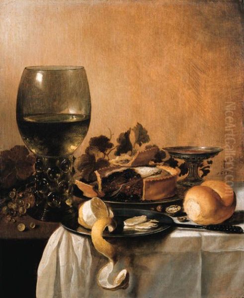 Still life with roemer, tazza, pie, lemon, pewter plates, grapes on the vine, bread and a knife Oil Painting by Pieter Claesz