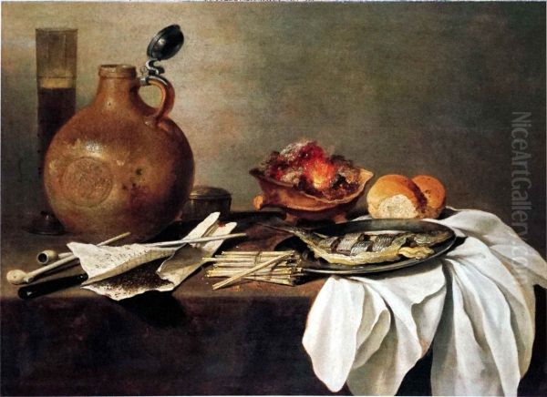 Still life with herring, smoking equipment, stone jug and beer glass Oil Painting by Cornelis Kruys