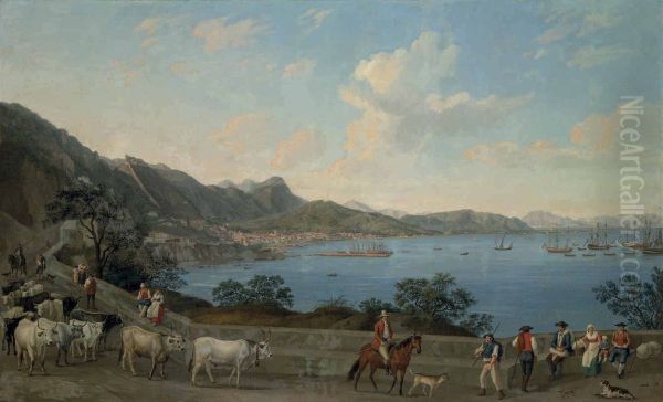 The Port of Salerno from Vietri, with herdsmen and other figures in the foreground, with the Castello di Arechi beyond and shipping vessels in the bay Oil Painting by Jacob Philipp Hackert