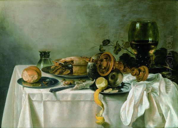 Stilleven met scheefliggende akeleibeker en aangesneden pastei Oil Painting by Pieter Claesz