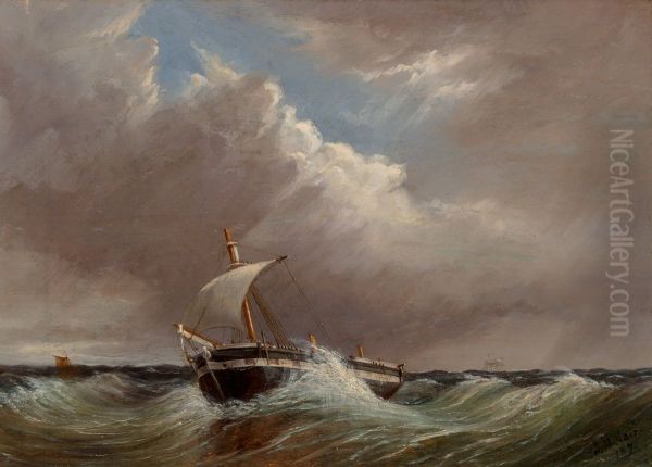 Untitled (Seascape with Single-Mast Fishing Vessel) Oil Painting by Thomas Harrison Hair