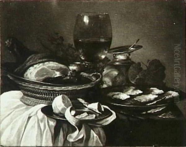 Still life with roemer, oysters, ham, salt cellar and salt cellar Oil Painting by Pieter Claesz