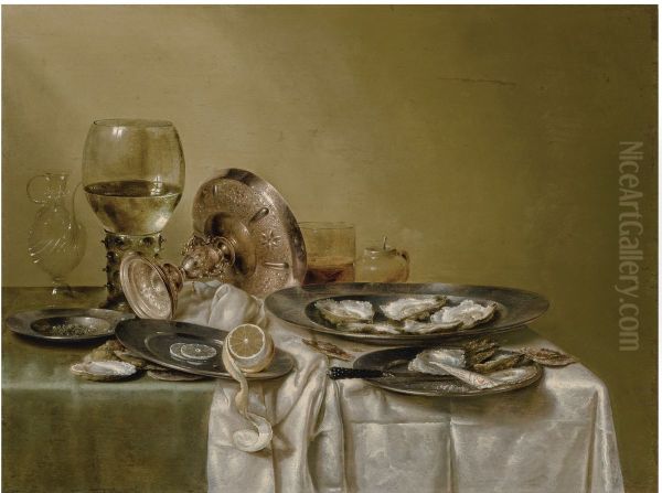 Still life with an overturned tazza and oysters Oil Painting by Willem Claesz. Heda