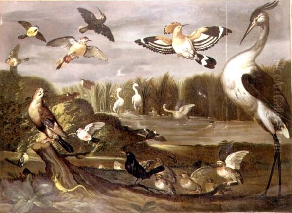 River landscape with a jay, a stonechat, a mallard, a wagtail and other birds Oil Painting by Franz de Hamilton