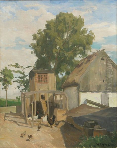 A farmhouse exterior with hens. Oil Painting by Marius Hammann