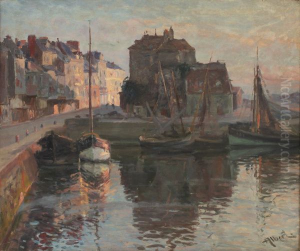 Hamn med segelbatar och solbelysta hus. Oil Painting by Gustave Albert