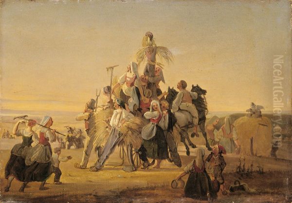 The last load of the harvest. Oil Painting by Hans Jorgen Hammer