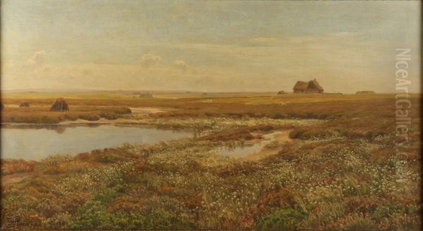 Landscape with heath and a bog. Oil Painting by Hans Agersnap