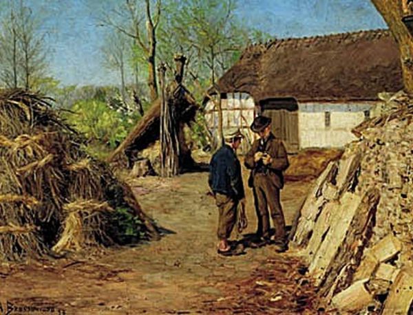 A young farmer's son talking to a peasant boy. Oil Painting by H. A. Brendekilde