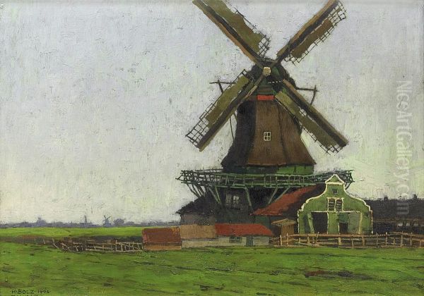 Holzsagemuhle in Zaandam. Oil Painting by Hanns Bolz