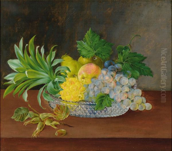 Pineapple, grapes and pears in a glass bowl on a ledge. Oil Painting by Hanne Hellesen