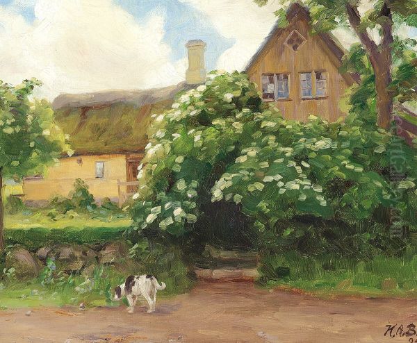 Elderberries in bloom and a dog at the entrance to a thatched farmhouse. Oil Painting by H. A. Brendekilde