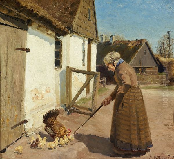 A hen with its chickens. Oil Painting by H. A. Brendekilde