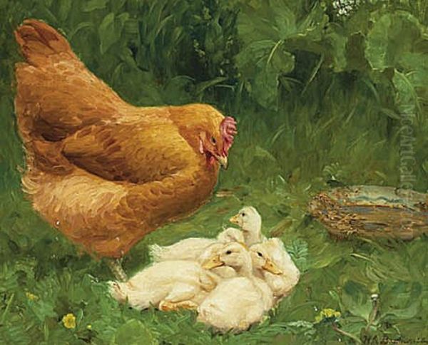 A hen and some ducklings. Oil Painting by H. A. Brendekilde