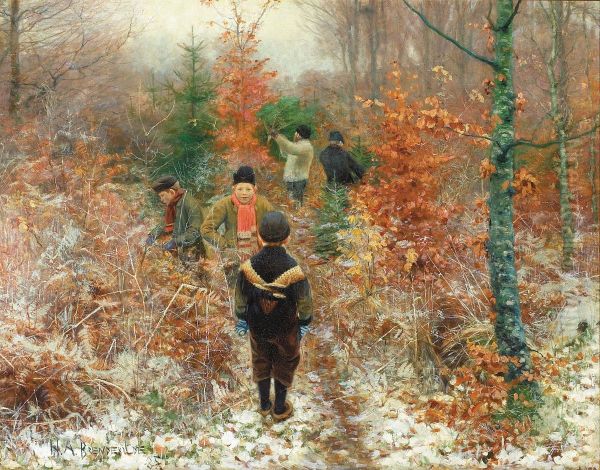 Cutting Christmas trees. Oil Painting by H. A. Brendekilde