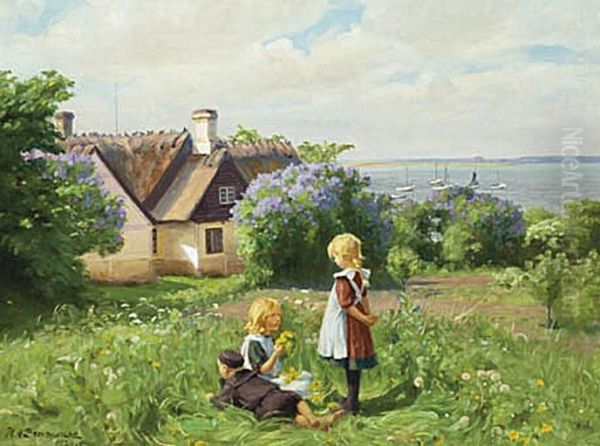 Summer at Roskilde Fjord with children make flower wreaths. Oil Painting by H. A. Brendekilde