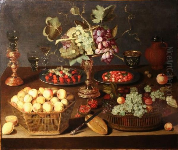 Still life with goblet holder and tazza with grapes surrounded by baskets of fruit Oil Painting by Artus Claessens